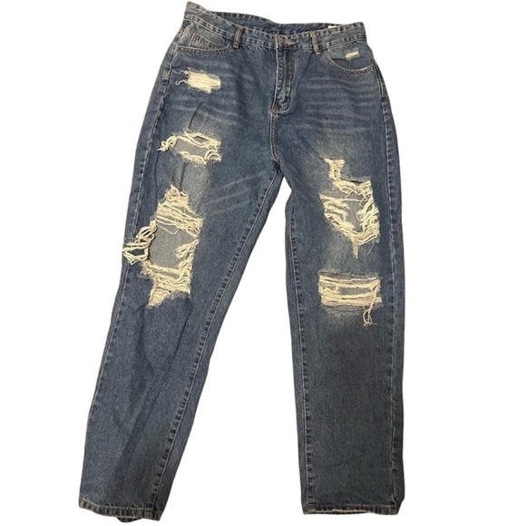 SHEIN Distressed Holes Ripped Denim Blue Mom Jeans - Picture 1 of 10